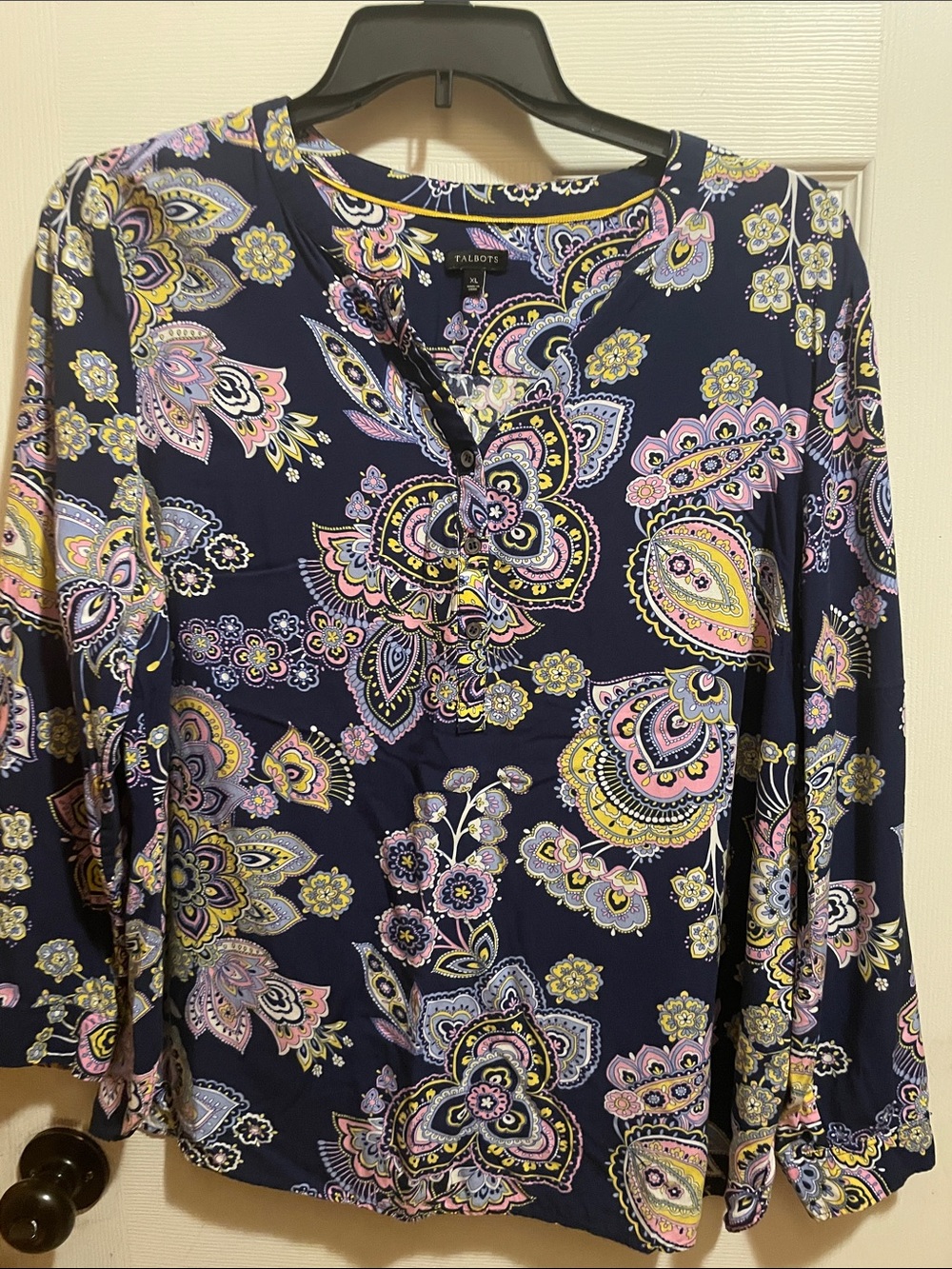 Talbots Navy Paisley Split-Neck Blouse with Pink and Yellow Accents